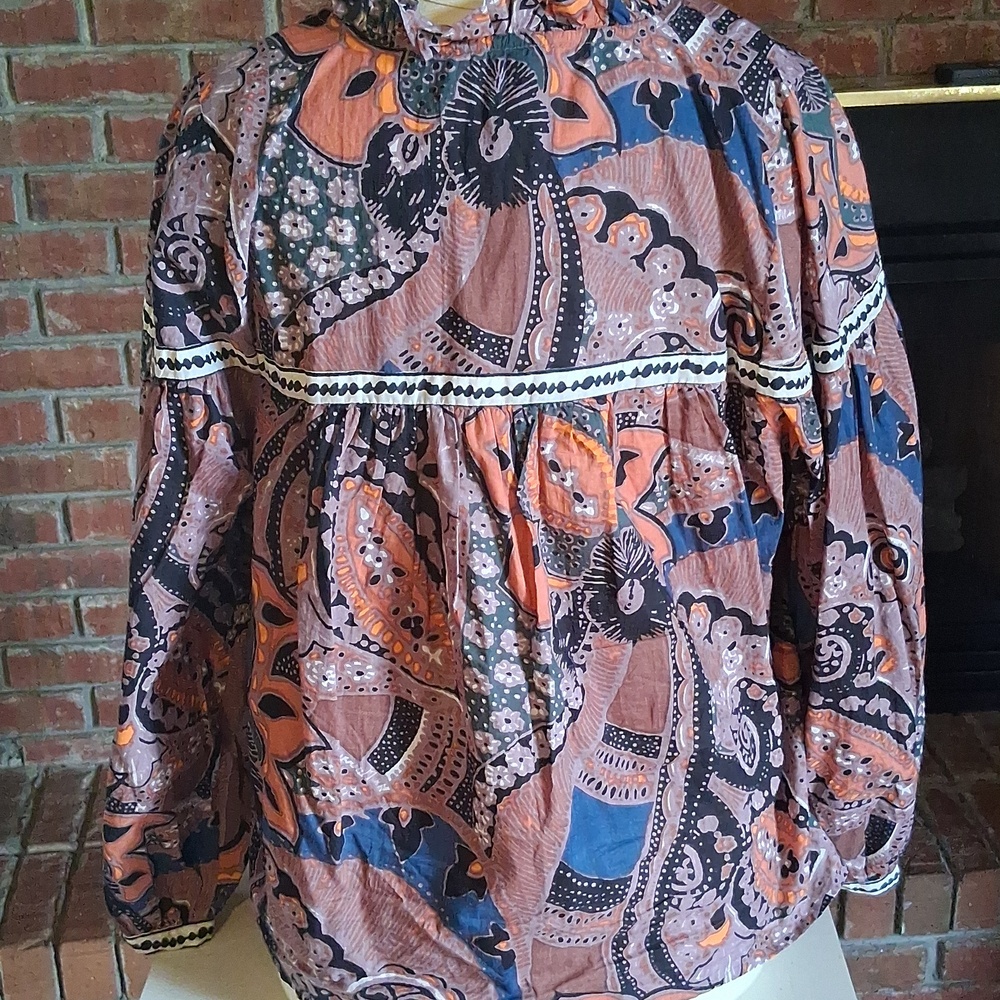 Cleobella Rust and Navy Paisley Boho Button-Front Blouse - Picture 2 of 7
